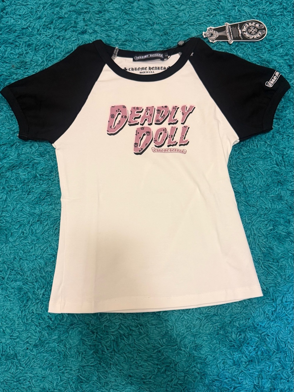 Chrome Hearts White Tee with Black Raglan Sleeves and Pink 'Deadly Doll' Graphic